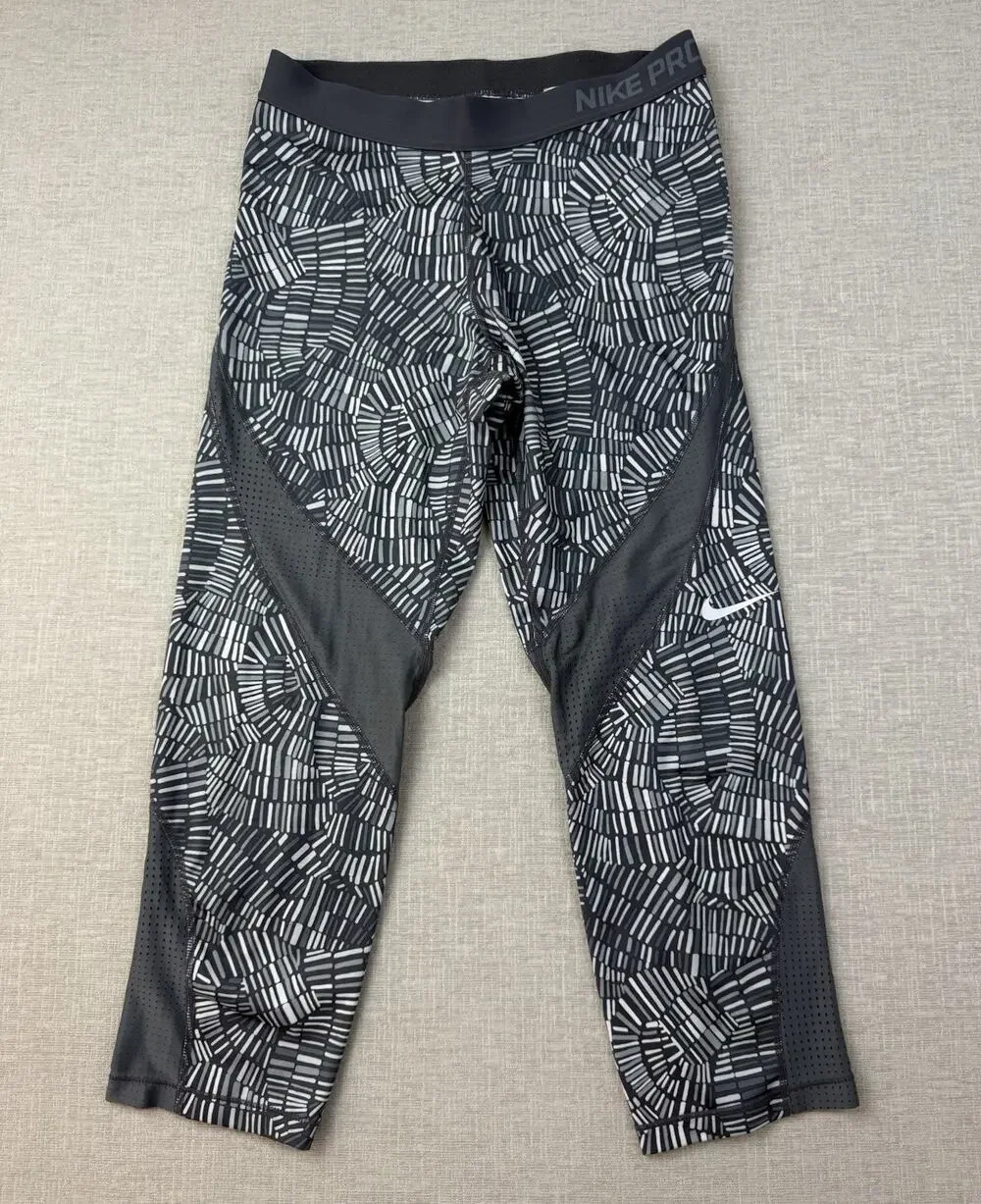 Nike Pro Cropped Compression Leggings Women’s Large Gray Black Dri-FIT